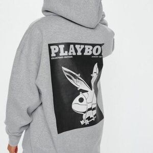 Playboy X Missguided Gray Bunny Print Hoodie Dress